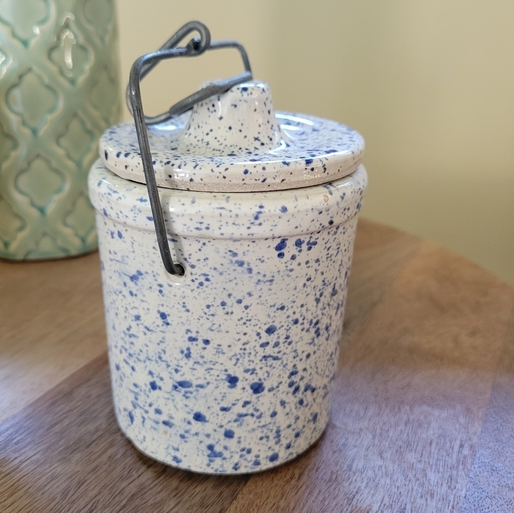 Vintage Blue and White Speckled Pottery Lidded Mini Crock Container
